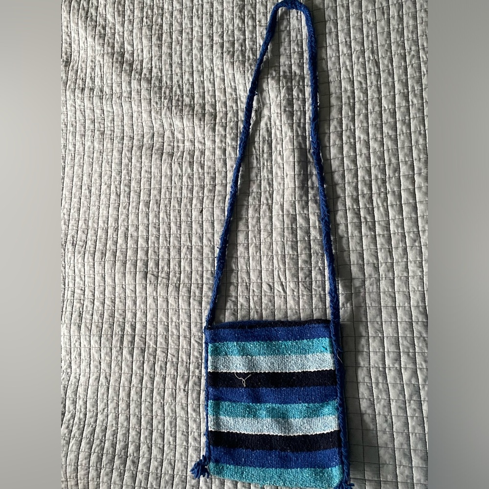 Mexican Handmade Blue Striped Crossbody Bag - wool